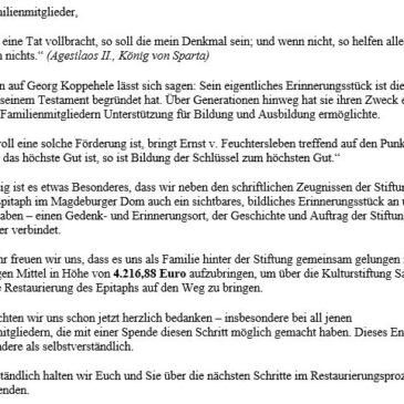 Neuigkeiten zur Spendenaktion für unser Epitaph